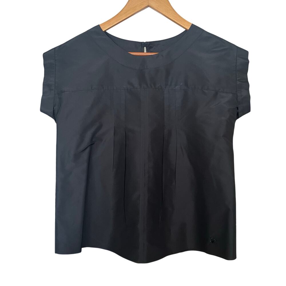 Vintage Y2K Chanel Black Silk Short Sleeve Pleated Top Size 34 (XS), has flaws